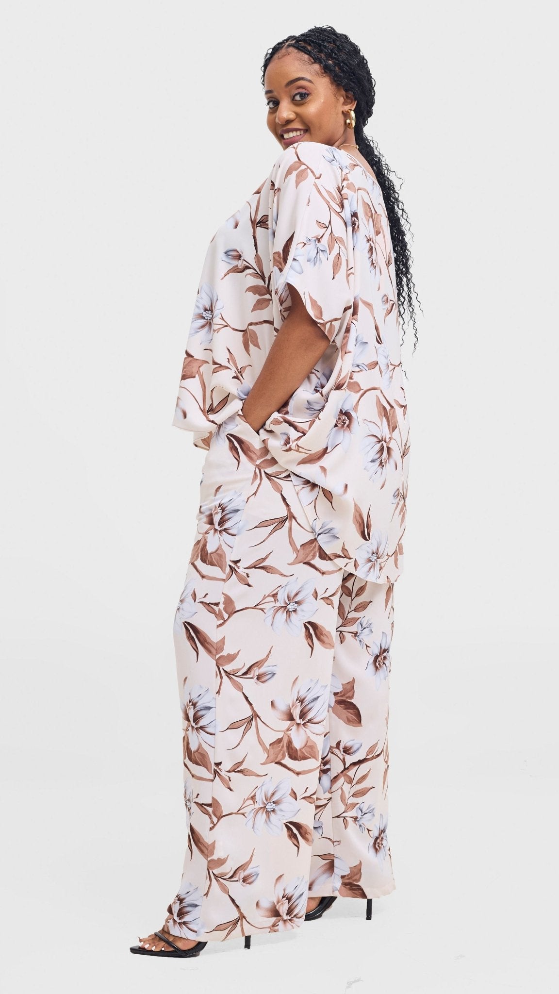 Vivo Maisha Top & Pant Set - Cream / Brown Print - Shopzetu