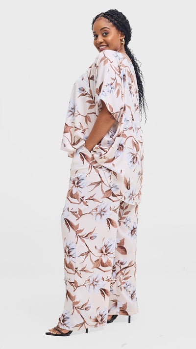 Vivo Maisha Top & Pant Set - Cream / Brown Print - Shopzetu