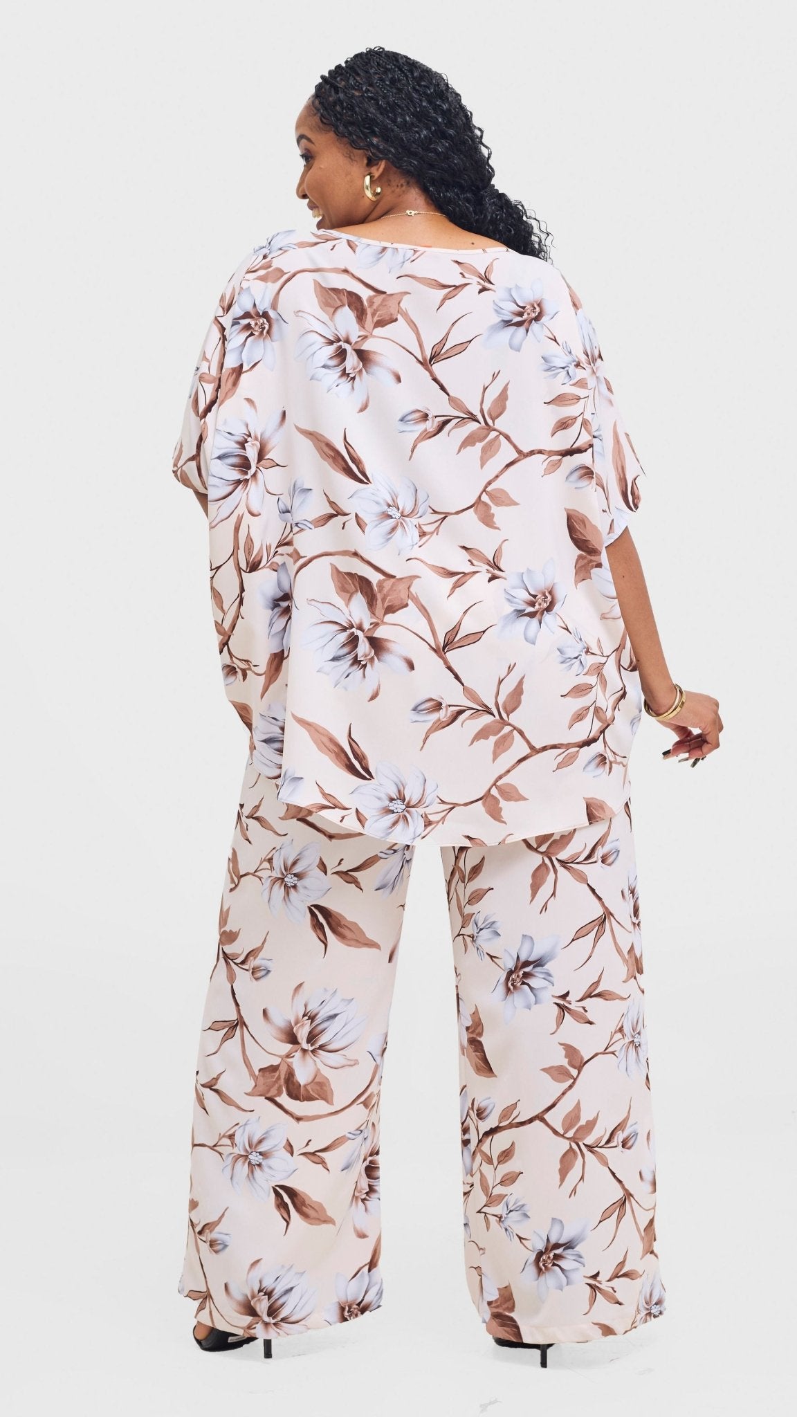 Vivo Maisha Top & Pant Set - Cream / Brown Print - Shopzetu