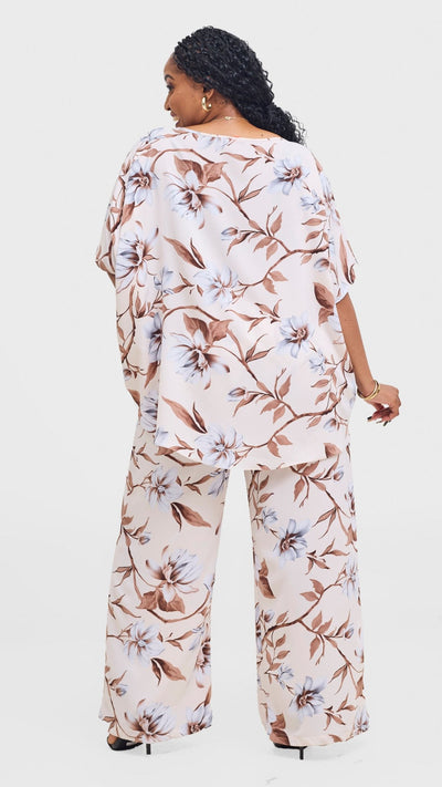 Vivo Maisha Top & Pant Set - Cream / Brown Print - Shopzetu
