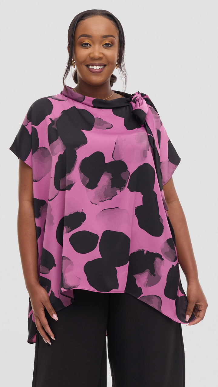 Vivo Takali Tunic Top in Satin - Lilac / Black Arisi Print