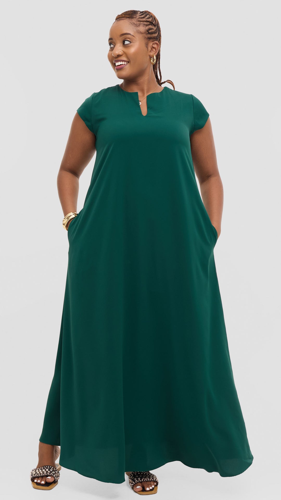 Vivo Zola V Neck Maxi Dress in Crepe - Dark Green