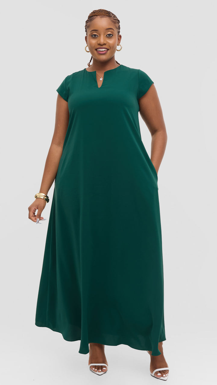 Vivo Zola V Neck Maxi Dress in Crepe - Dark Green