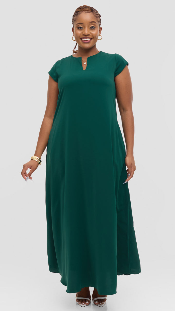 Vivo Zola V Neck Maxi Dress in Crepe - Dark Green