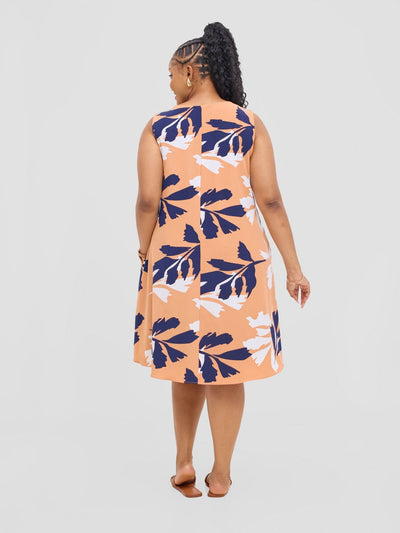 Vivo Ava Front Pleat Knee Length Dress - Peach / White Print - Shopzetu