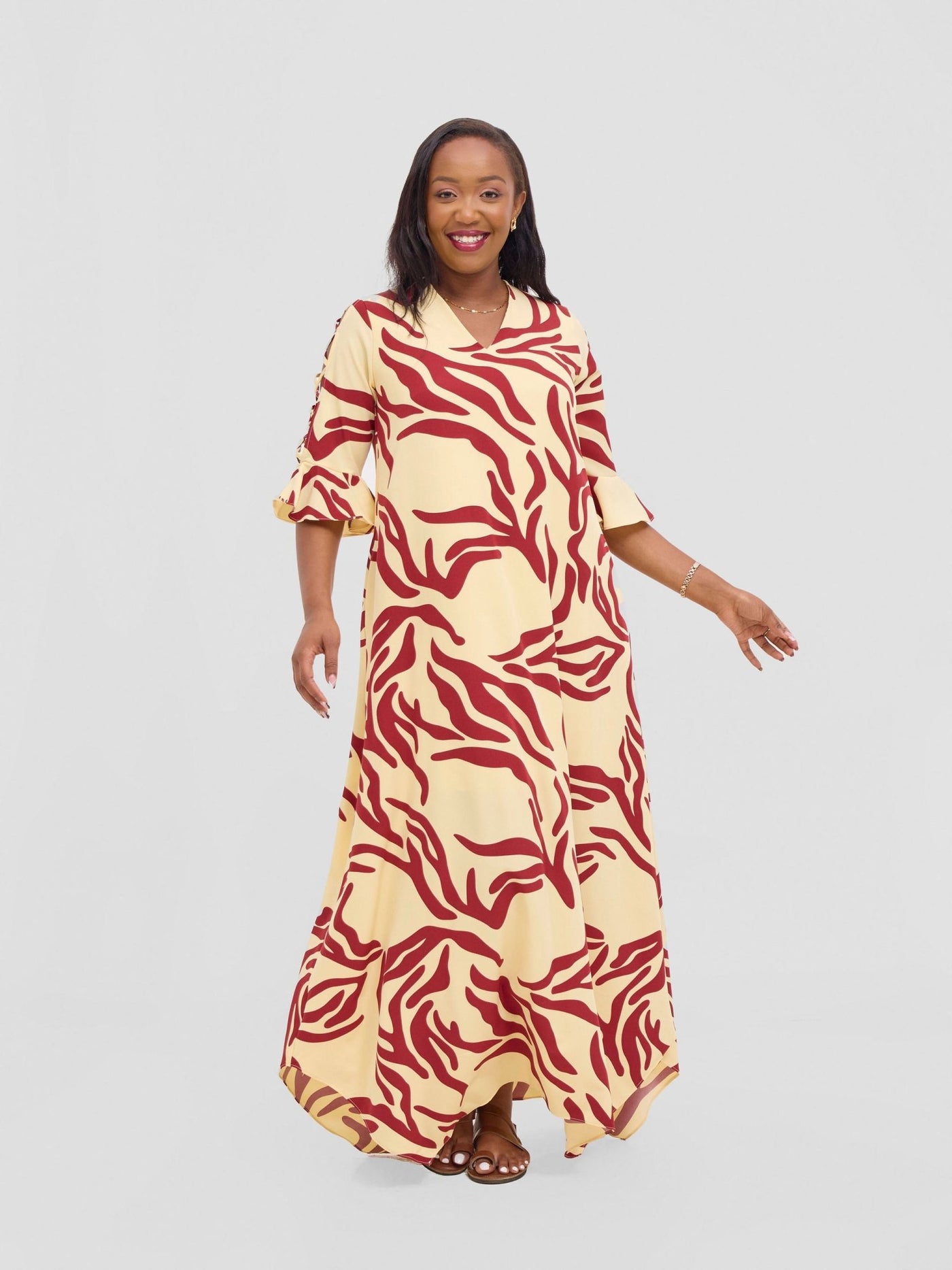 Vivo Dali 3/4 Cut Out Sleeve Maxi Dress - Cream / Maroon Print - Shopzetu