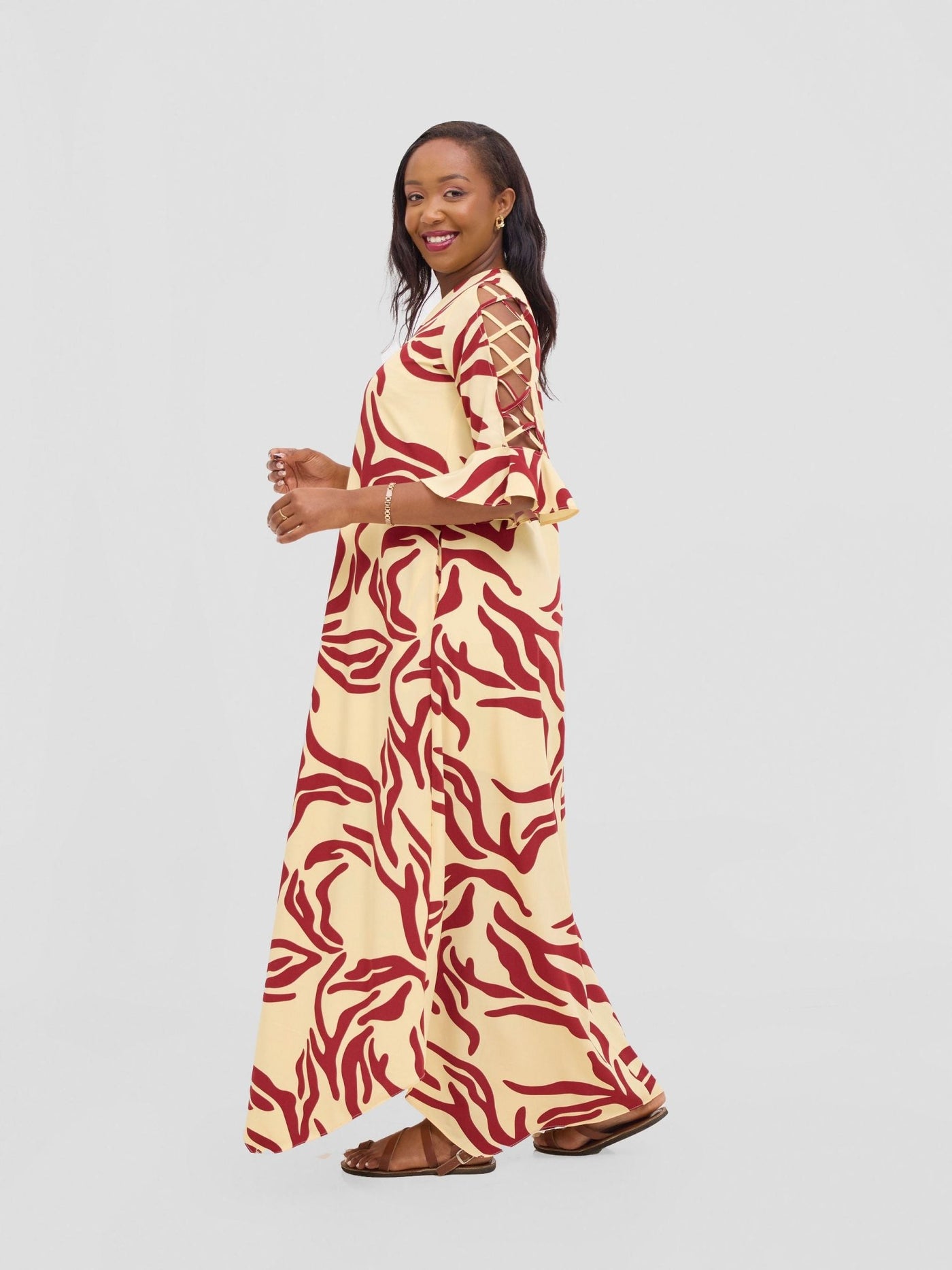 Vivo Dali 3/4 Cut Out Sleeve Maxi Dress - Cream / Maroon Print - Shopzetu