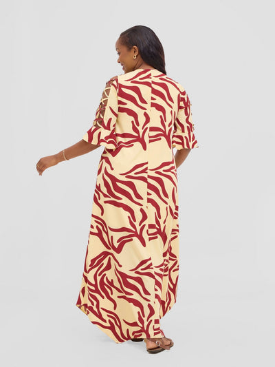 Vivo Dali 3/4 Cut Out Sleeve Maxi Dress - Cream / Maroon Print - Shopzetu