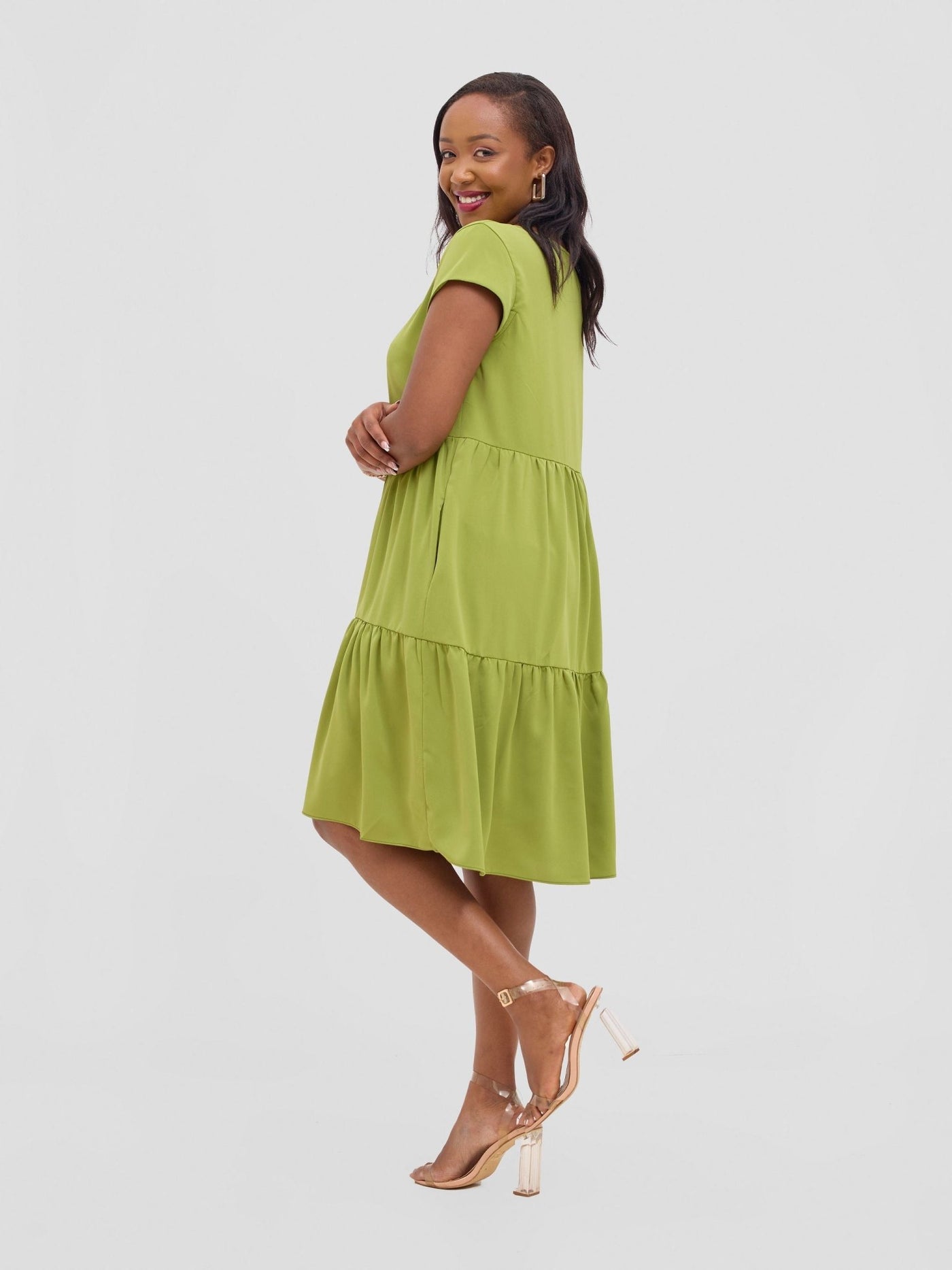 Vivo Pelia Round Neck Dress - Olive - Shopzetu