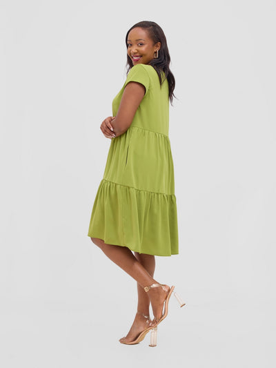 Vivo Pelia Round Neck Dress - Olive - Shopzetu