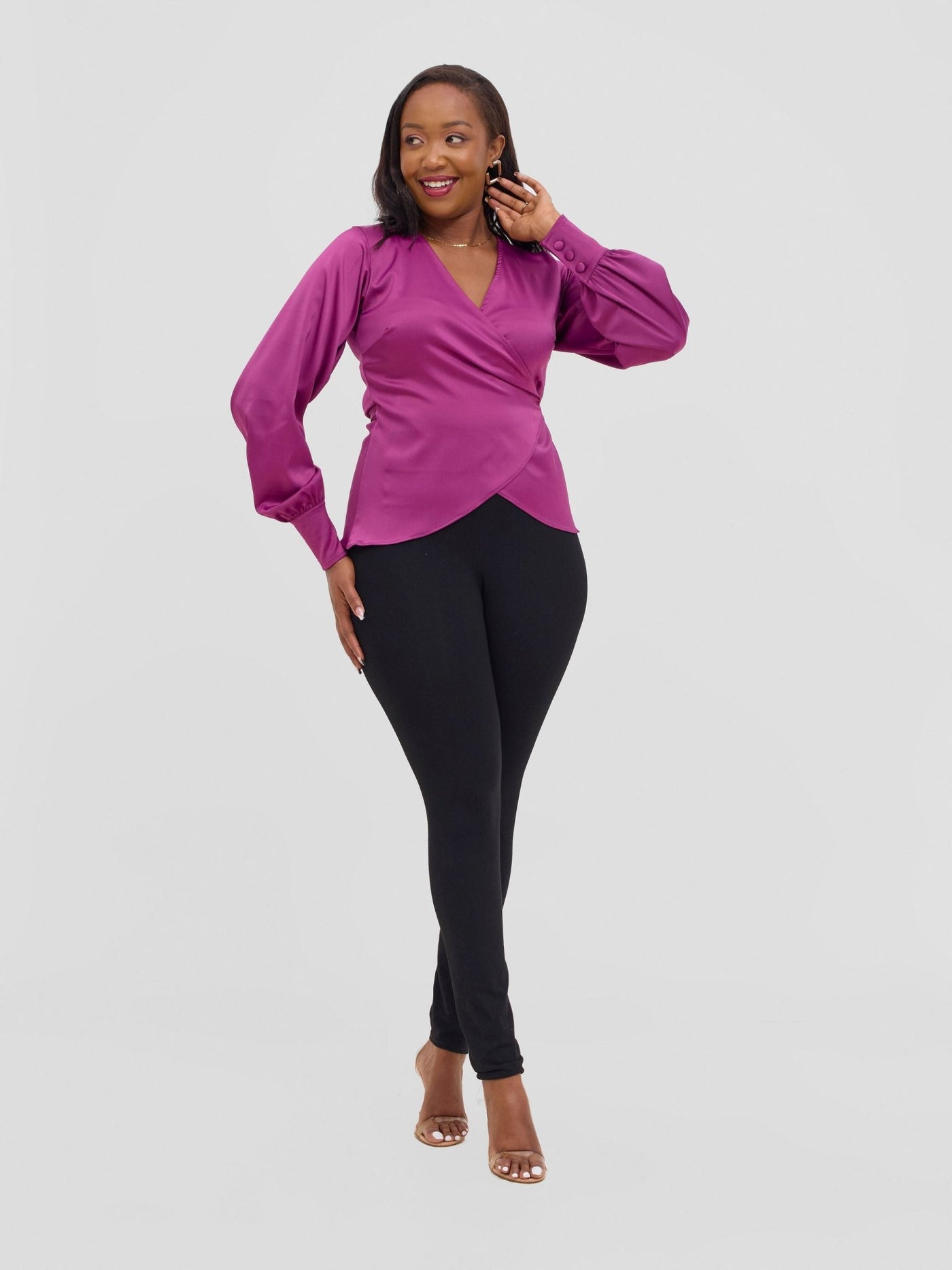 Vivo Merika Satin Wrap Top - Plum - Shopzetu
