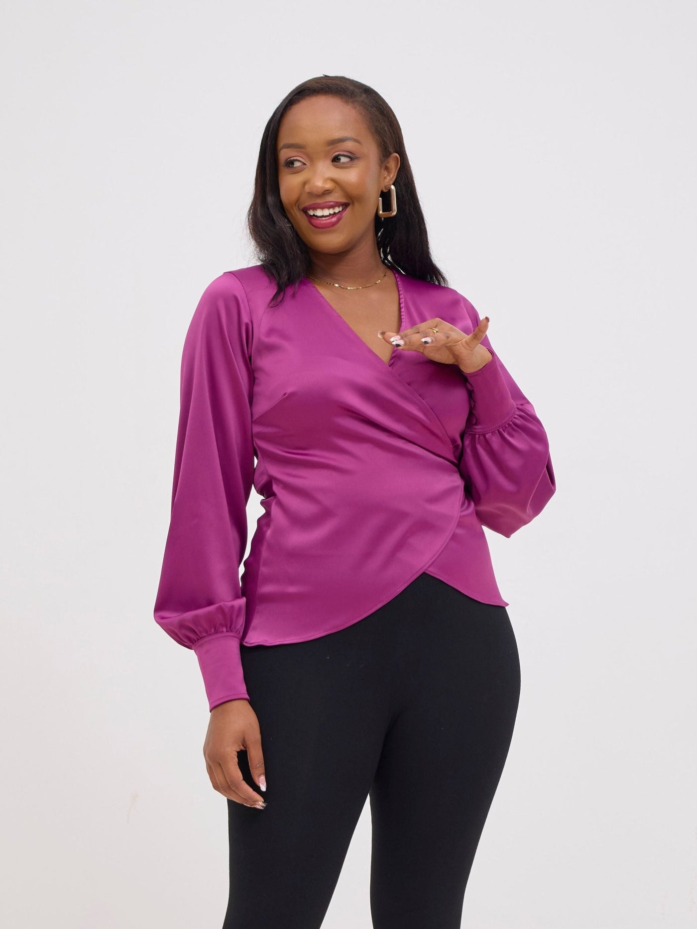 Vivo Merika Satin Wrap Top - Plum - Shopzetu