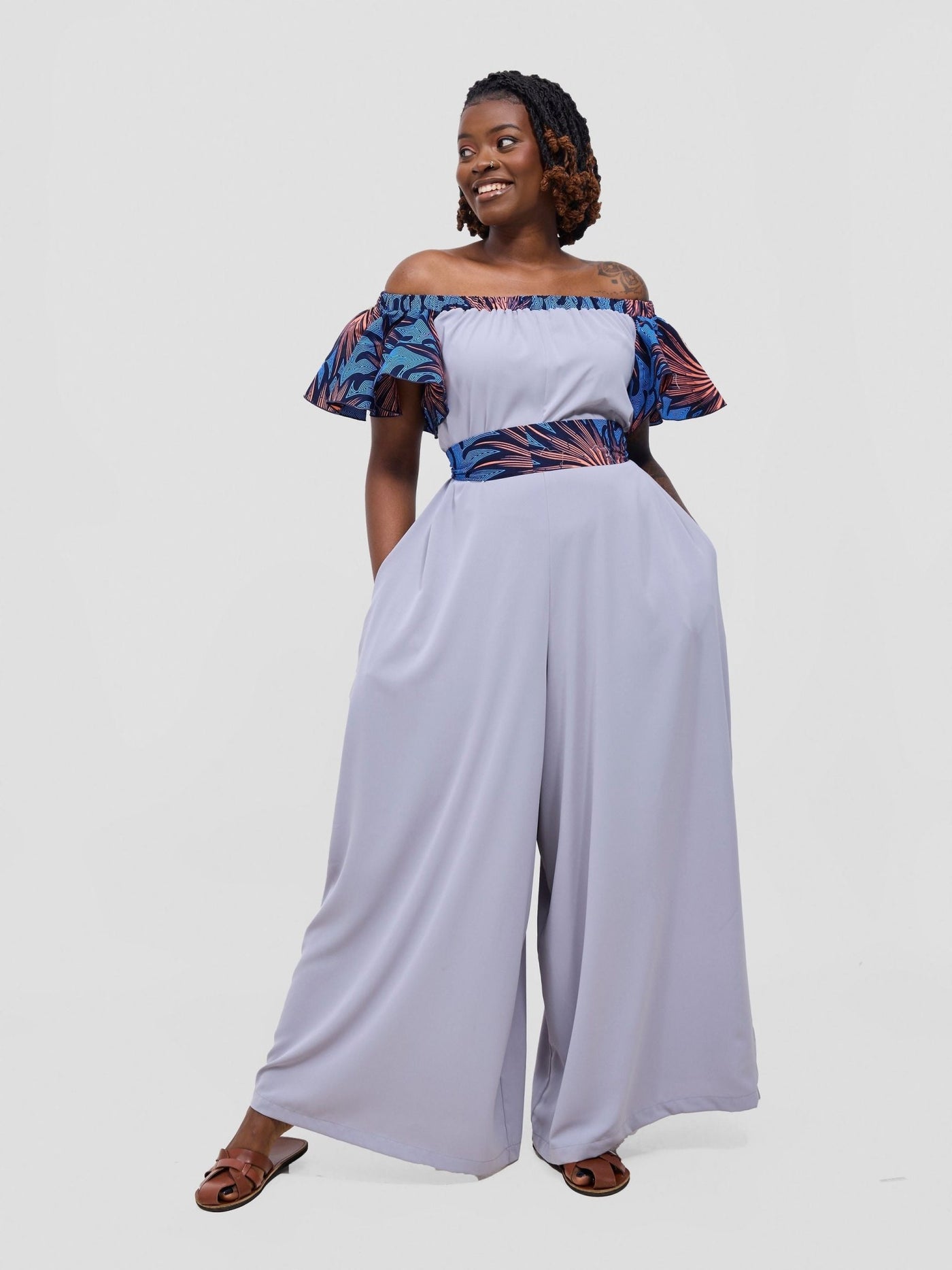 Vivo Fara Off Shoulder Flounce Sleeve Jumpsuit - Light Grey - Shopzetu