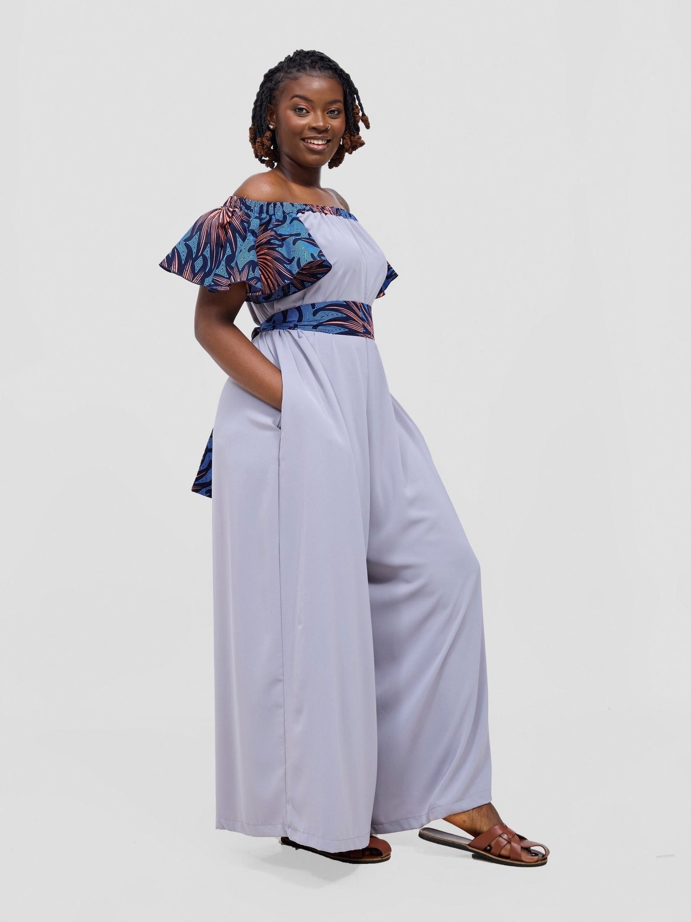 Vivo Fara Off Shoulder Flounce Sleeve Jumpsuit - Light Grey - Shopzetu