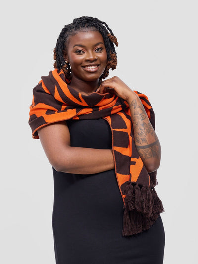 Vivo Lalani Scarf With Fringes - Chocolate / Orange Samba Print - Shopzetu