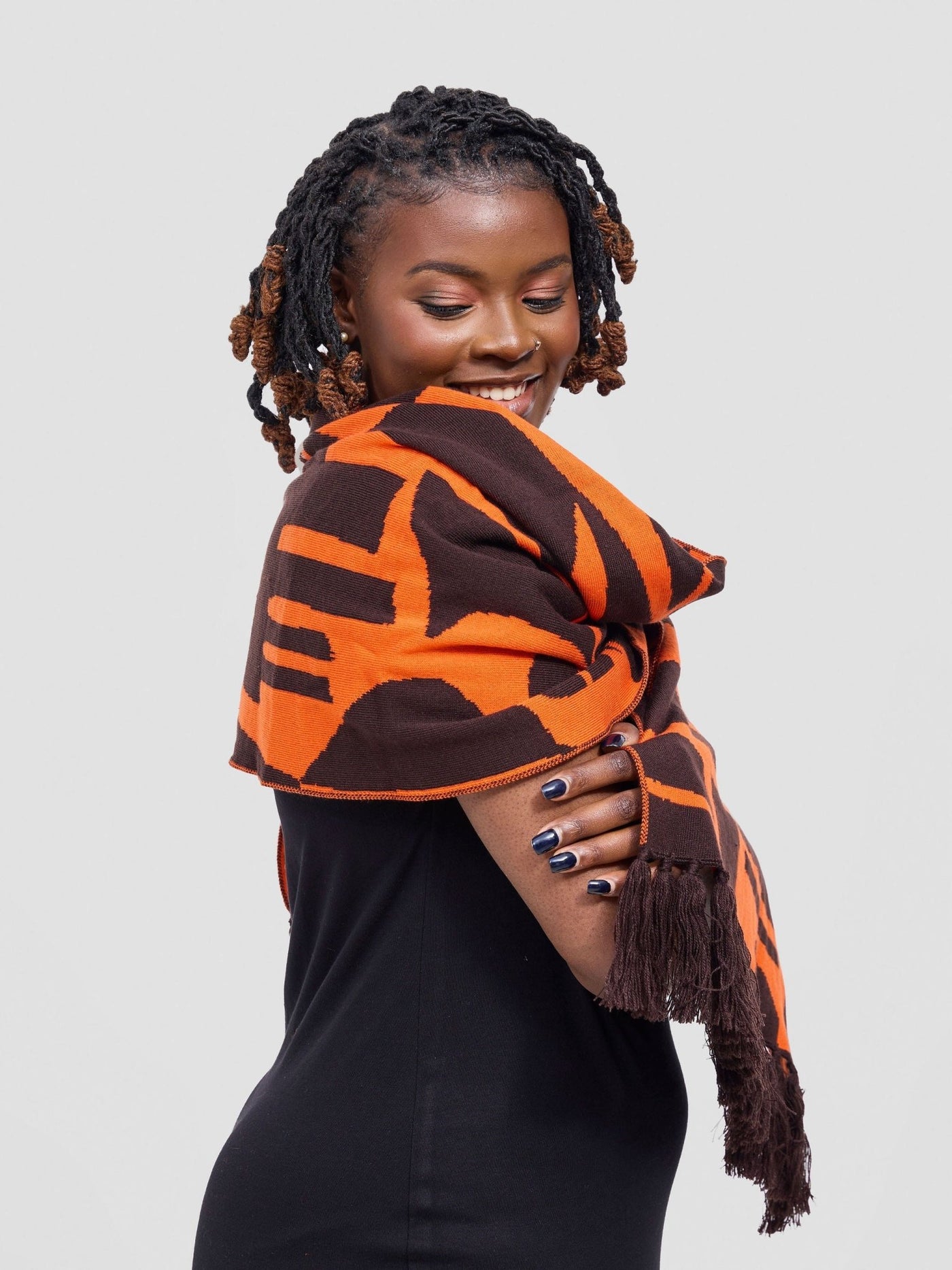 Vivo Lalani Scarf With Fringes - Chocolate / Orange Samba Print - Shopzetu