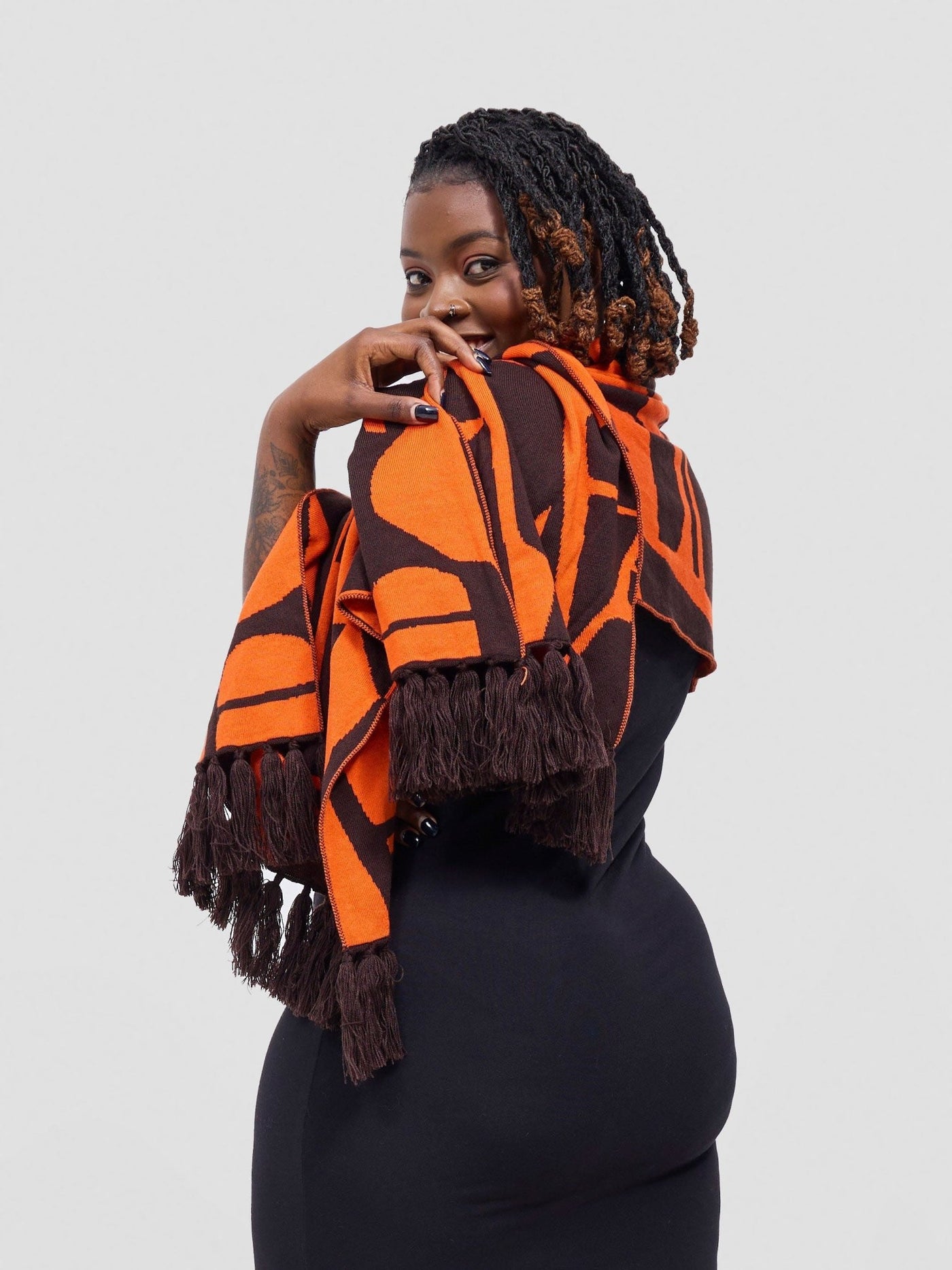 Vivo Lalani Scarf With Fringes - Chocolate / Orange Samba Print - Shopzetu