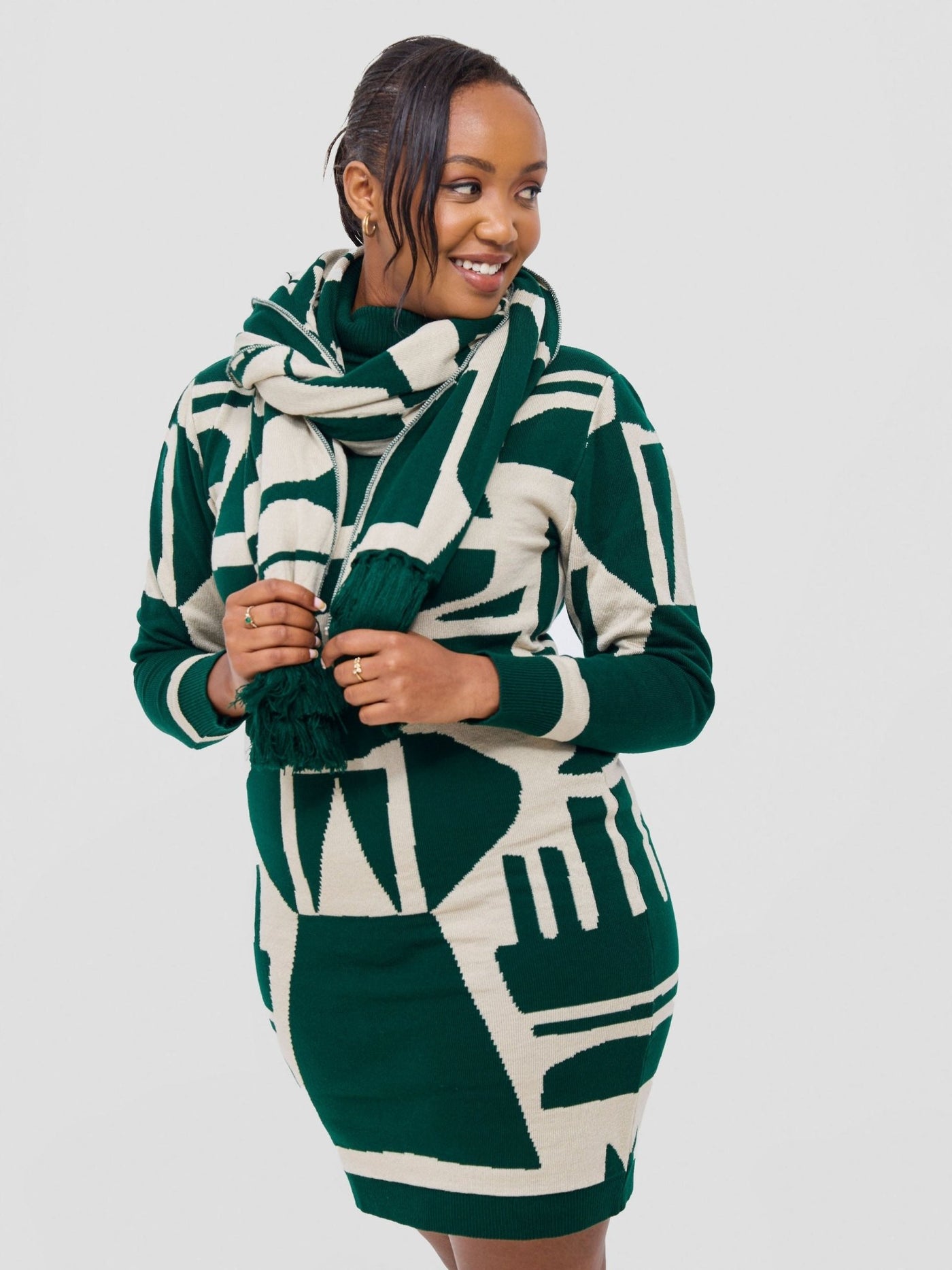 Vivo Lalani Scarf With Fringes - Light Emerald Green / Ivory Samba Print - Shopzetu