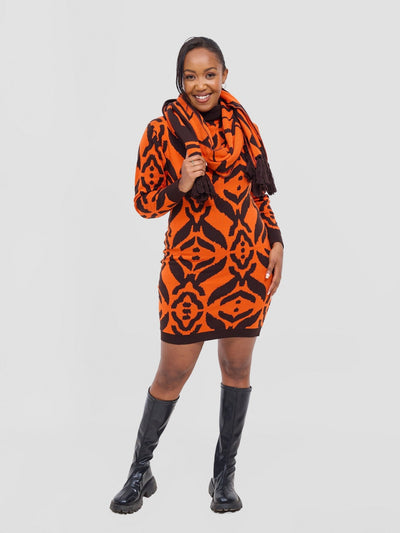 Vivo Lalani Scarf With Fringes - Chocolate / Orange Samba Print - Shopzetu
