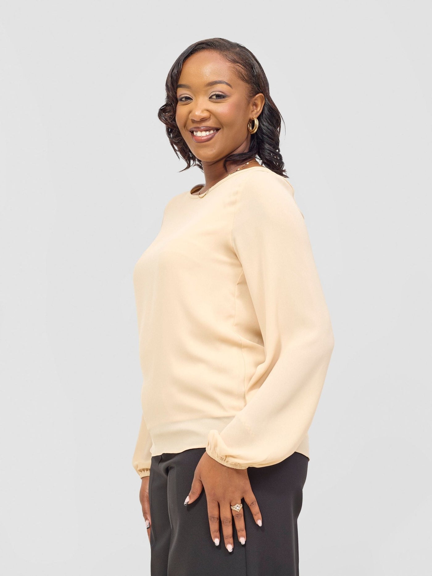 Vivo Chari Basic Chiffon Bishop Sleeve Top (Double Layered) - Tan - Shopzetu