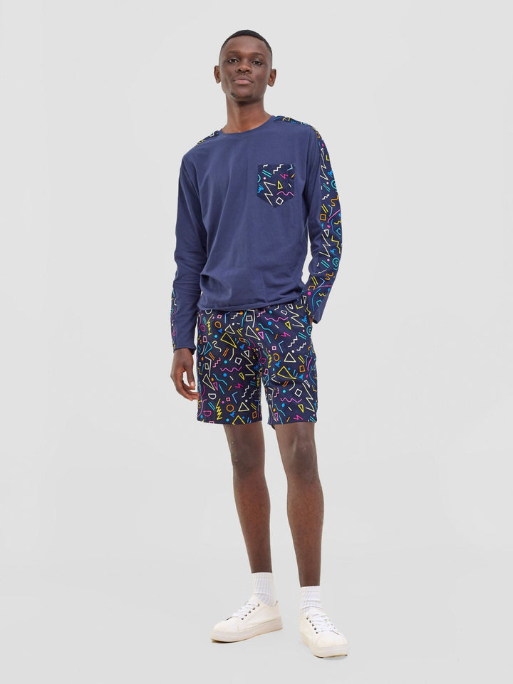 Safari Men's Long Sleeve T-shirt - Navy / Tari Print - Shopzetu