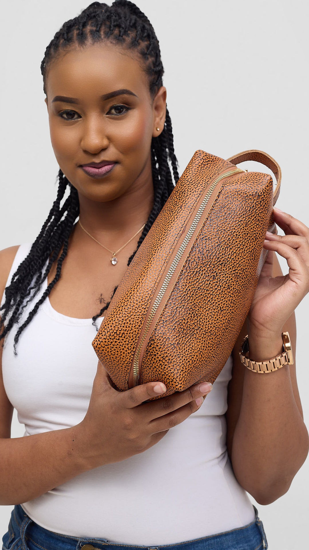 Leather Aura Mamba Makeup Pure Leather Bag - Brown