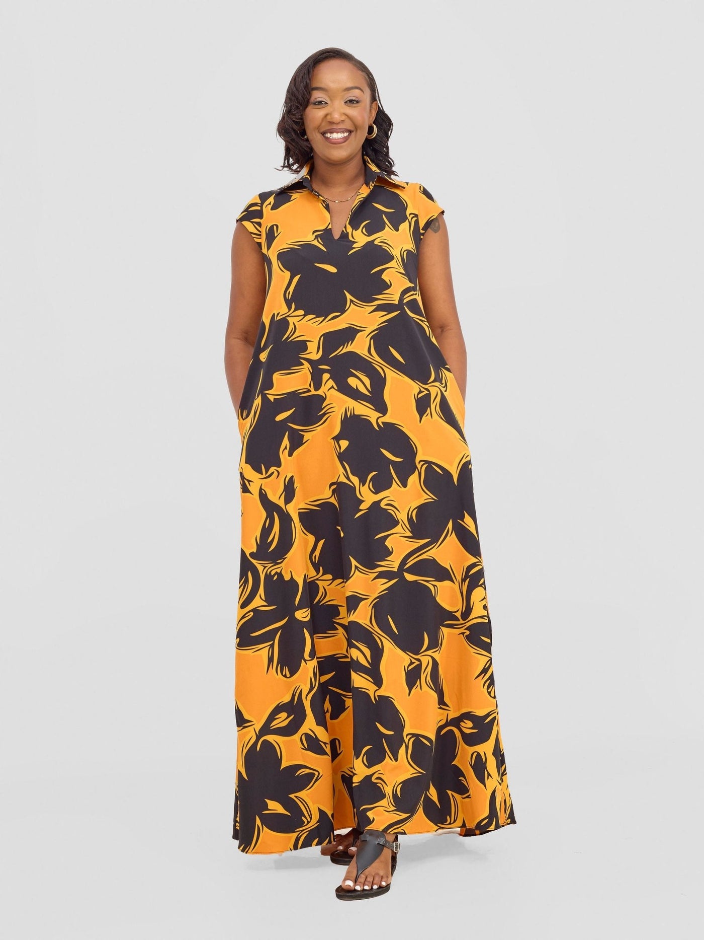 Vivo Zuri Cap Sleeved Maxi Dress - Black / Orange Uri Print - Shopzetu
