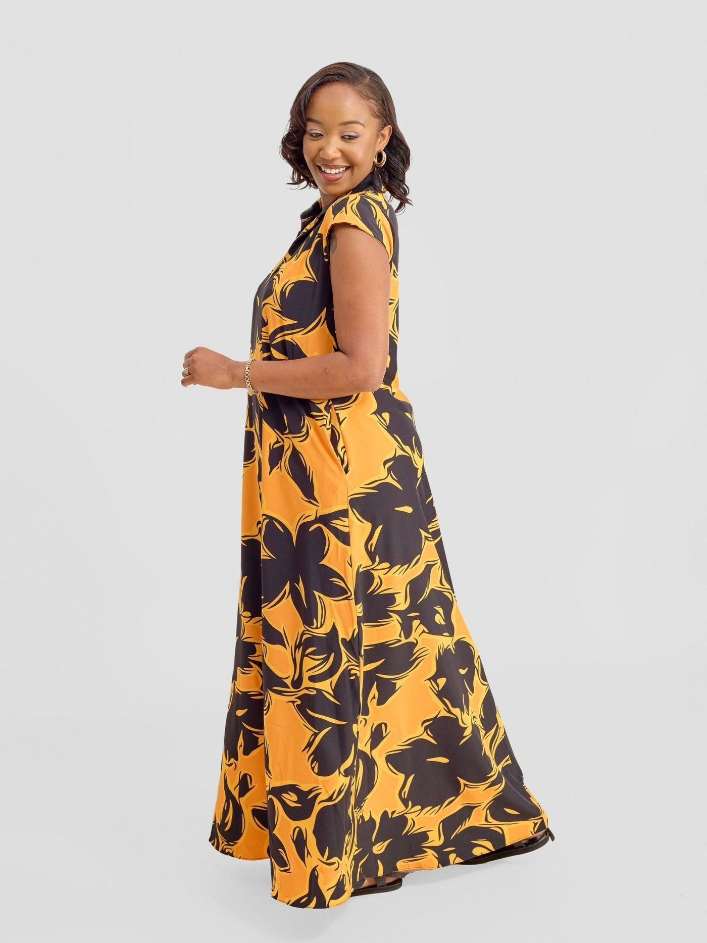 Vivo Zuri Cap Sleeved Maxi Dress - Black / Orange Uri Print - Shopzetu