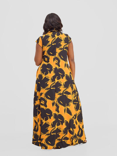 Vivo Zuri Cap Sleeved Maxi Dress - Black / Orange Uri Print - Shopzetu