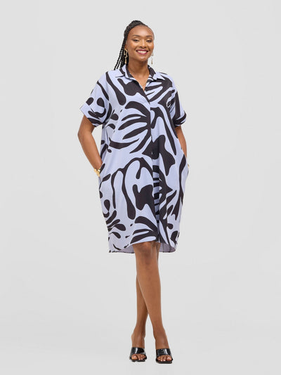Vivo Reba Drop Shoulder Shirt Dress - Light Blue / Black Zari Print - Shopzetu