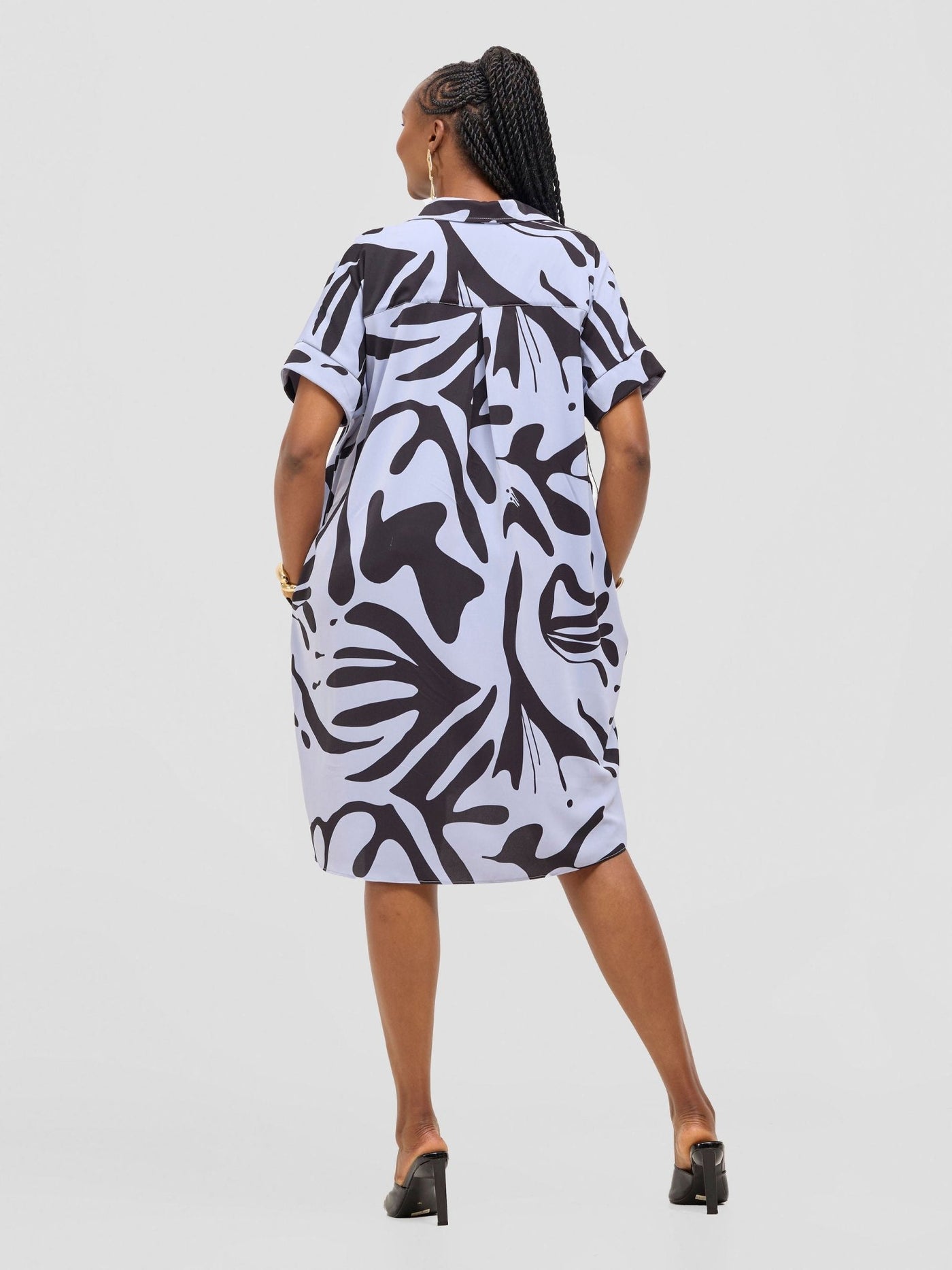 Vivo Reba Drop Shoulder Shirt Dress - Light Blue / Black Zari Print - Shopzetu