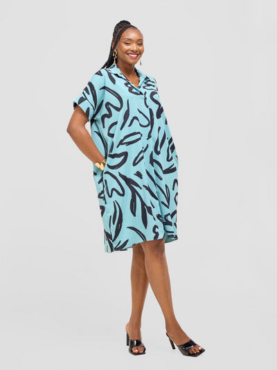Vivo Reba Drop Shoulder Shirt Dress - Mint / Black Zari Print - Shopzetu