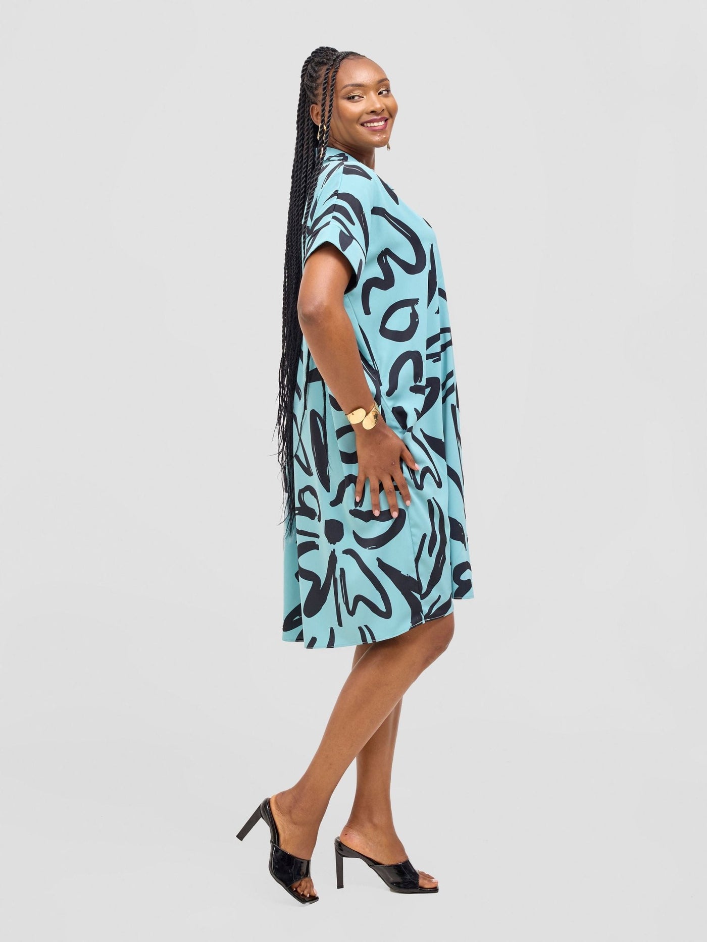 Vivo Reba Drop Shoulder Shirt Dress - Mint / Black Zari Print - Shopzetu