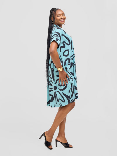 Vivo Reba Drop Shoulder Shirt Dress - Mint / Black Zari Print - Shopzetu