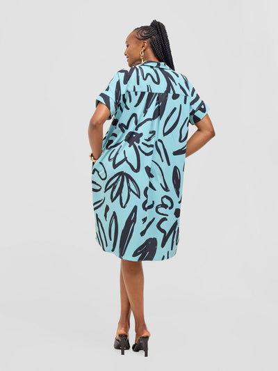 Vivo Reba Drop Shoulder Shirt Dress - Mint / Black Zari Print - Shopzetu