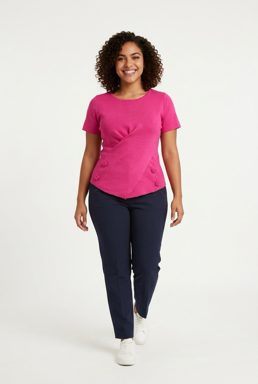 Stylish Sisters  Asymmetrical Floral Detail Knit Top - Hot Pink
