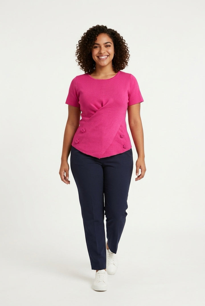 Stylish Sisters  Asymmetrical Floral Detail Knit Top - Hot Pink