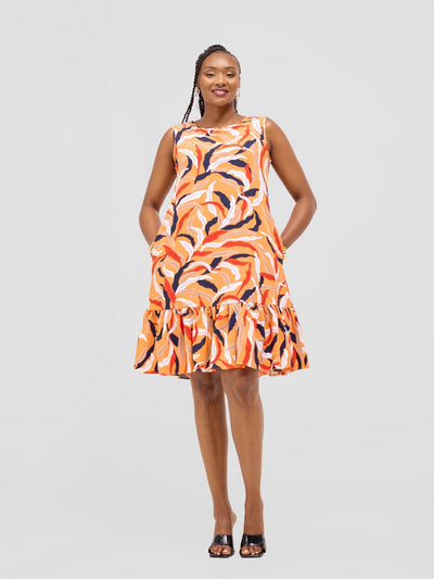 Vivo Dalia Sleeveless Gathered Tent Dress - Orange / Red Print - Shopzetu