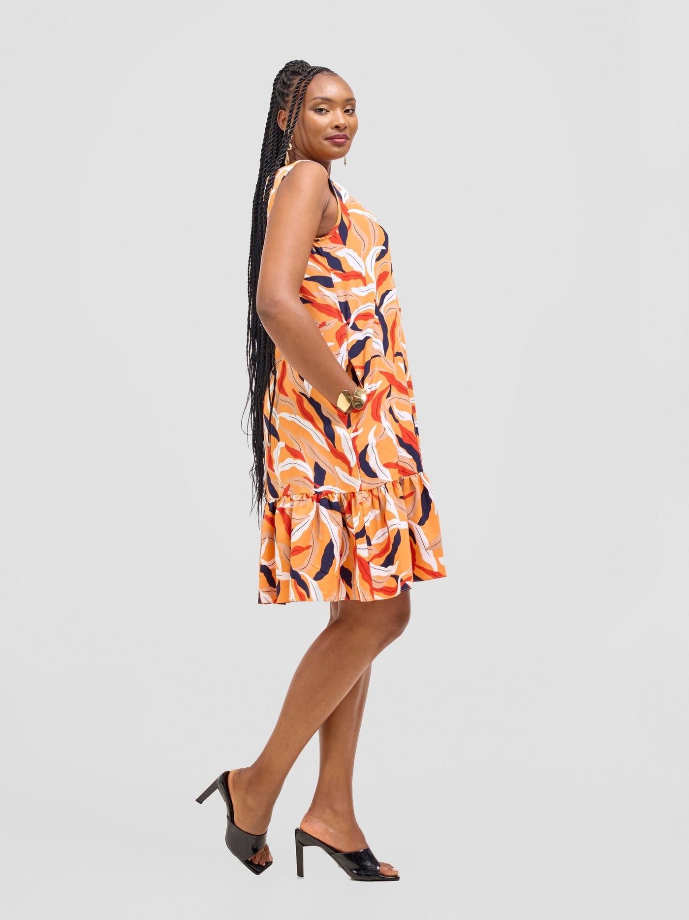 Vivo Dalia Sleeveless Gathered Tent Dress - Orange / Red Print - Shopzetu