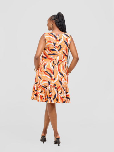 Vivo Dalia Sleeveless Gathered Tent Dress - Orange / Red Print - Shopzetu