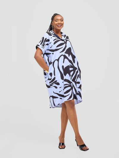 Vivo Reba Drop Shoulder Shirt Dress - Baby Blue / Black Zari Print - Shopzetu