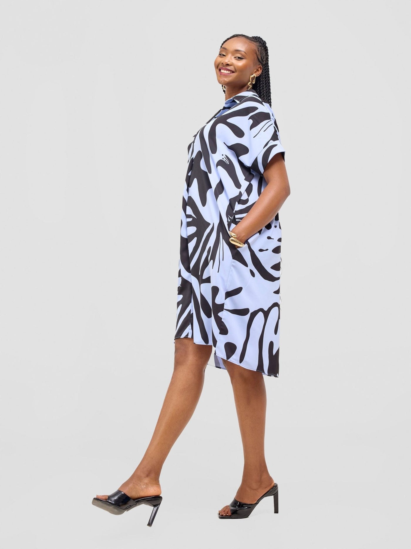 Vivo Reba Drop Shoulder Shirt Dress - Baby Blue / Black Zari Print - Shopzetu