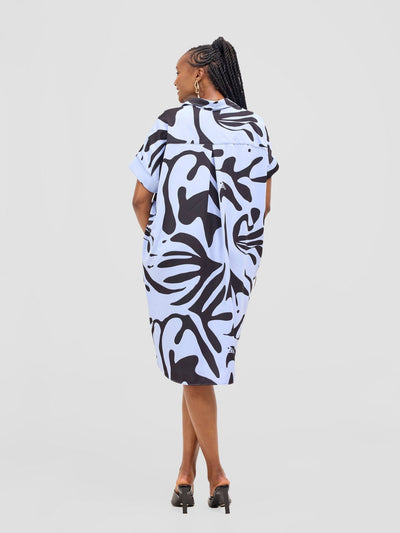 Vivo Reba Drop Shoulder Shirt Dress - Baby Blue / Black Zari Print - Shopzetu