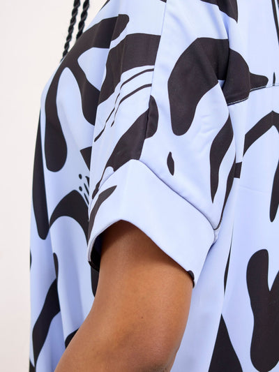 Vivo Reba Drop Shoulder Shirt Dress - Baby Blue / Black Zari Print - Shopzetu