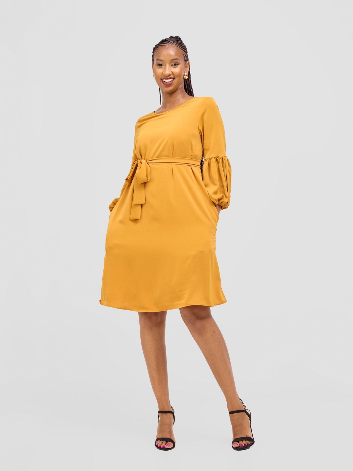 Vivo Zena Bishop Panel Long Sleeve Round Neck Dress - Mustard - Shopzetu