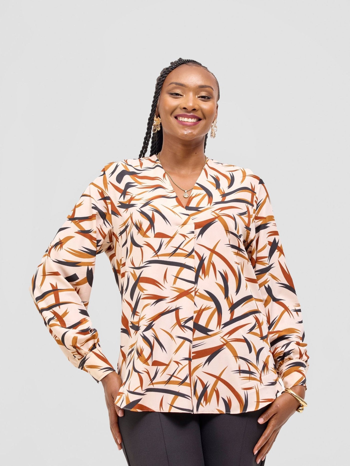 Vivo Ajani V - Neck Top - Cream / Rust Print - Shopzetu