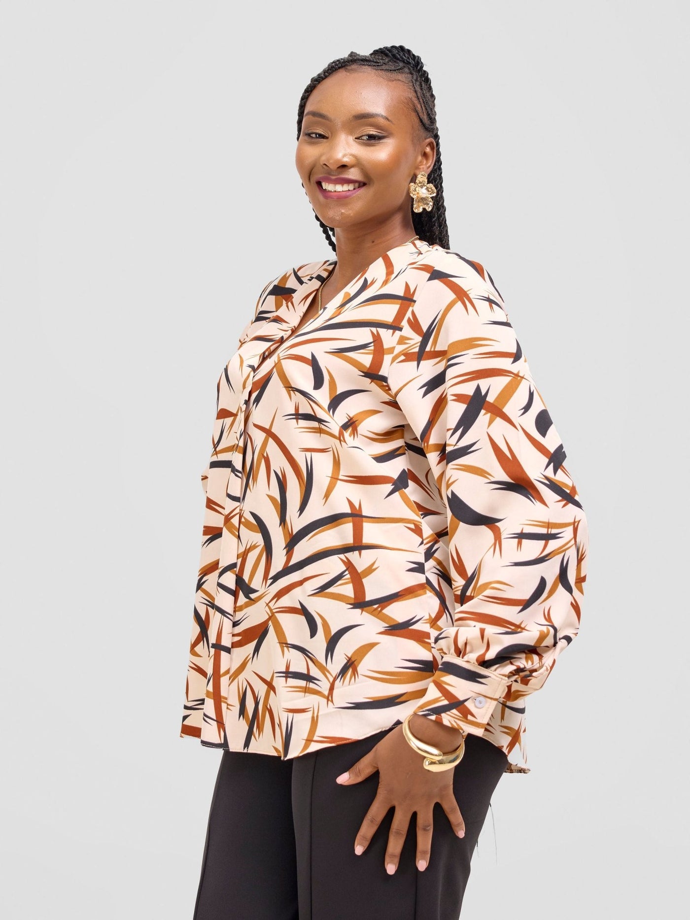 Vivo Ajani V - Neck Top - Cream / Rust Print - Shopzetu