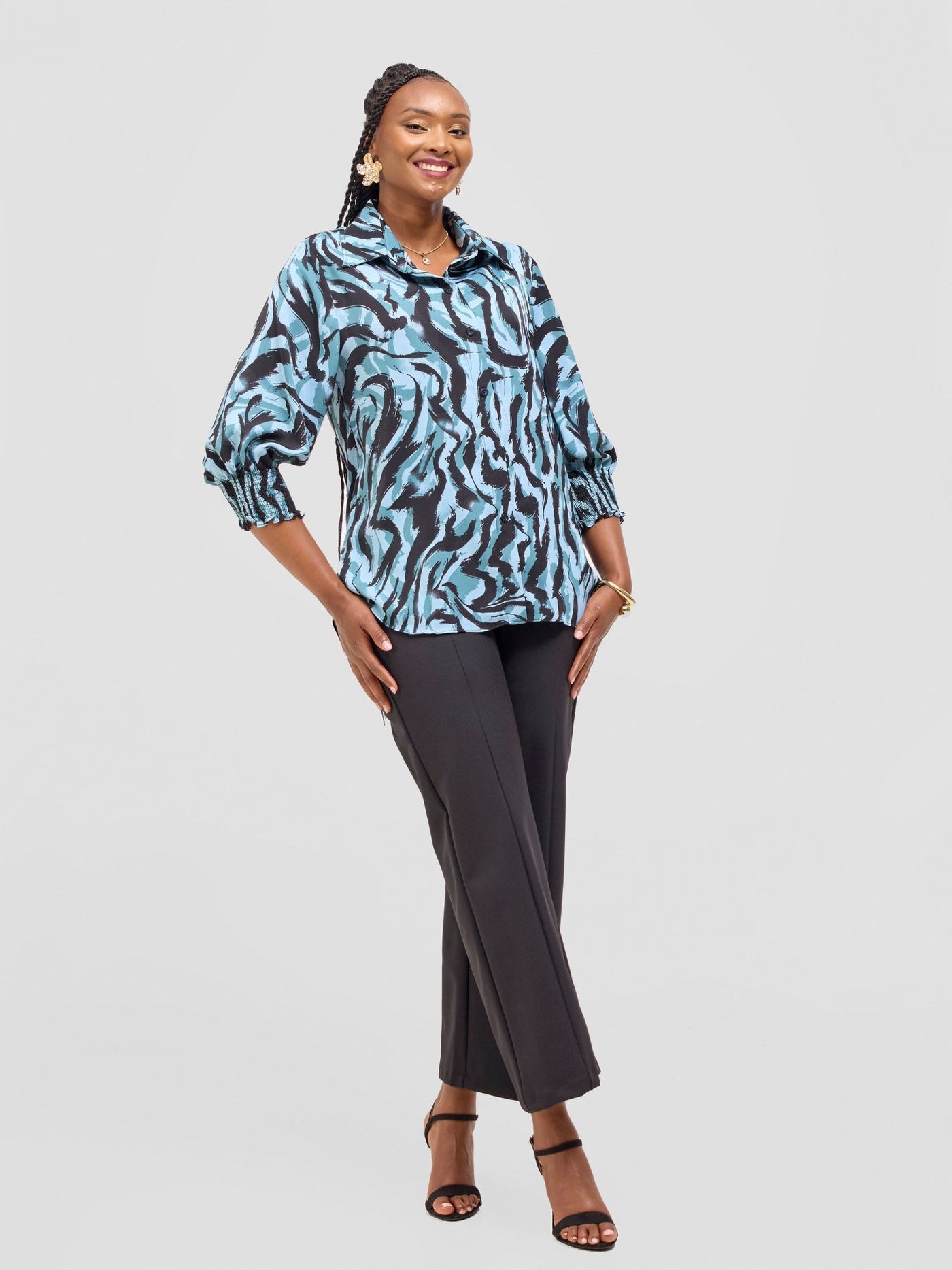 Vivo Fahari 3/4 Sleeve Shirred Shirt - Mint / Black Print - Shopzetu