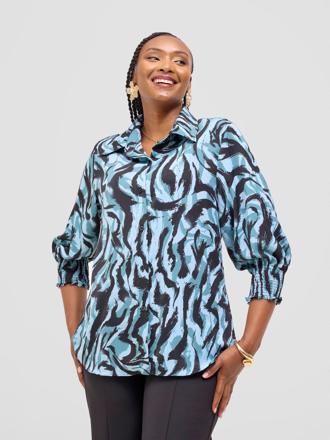 Vivo Fahari 3/4 Sleeve Shirred Shirt - Mint / Black Print - Shopzetu