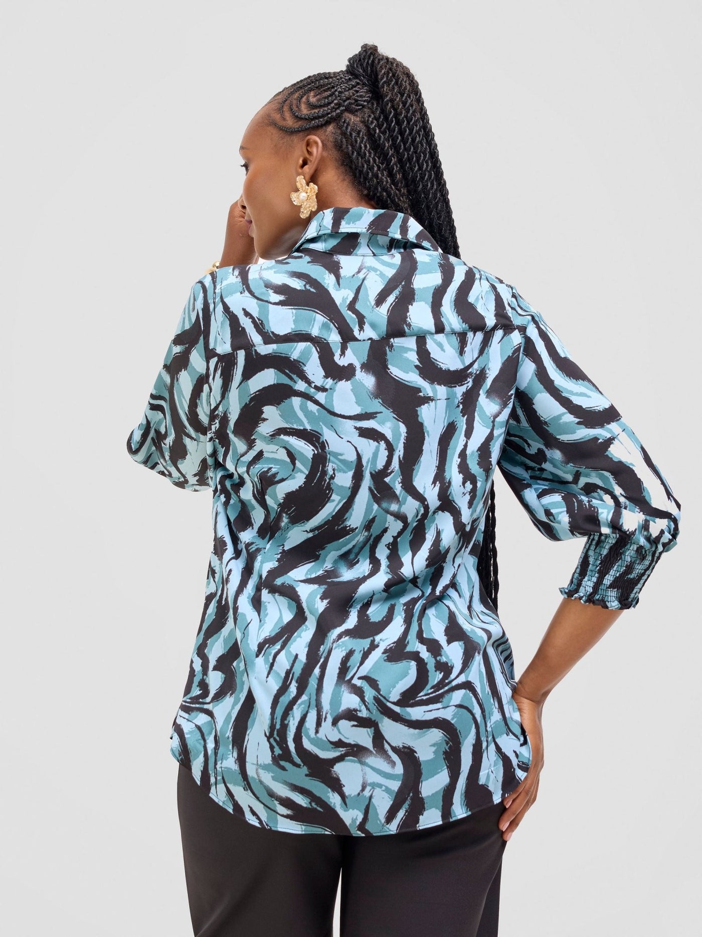 Vivo Fahari 3/4 Sleeve Shirred Shirt - Mint / Black Print - Shopzetu